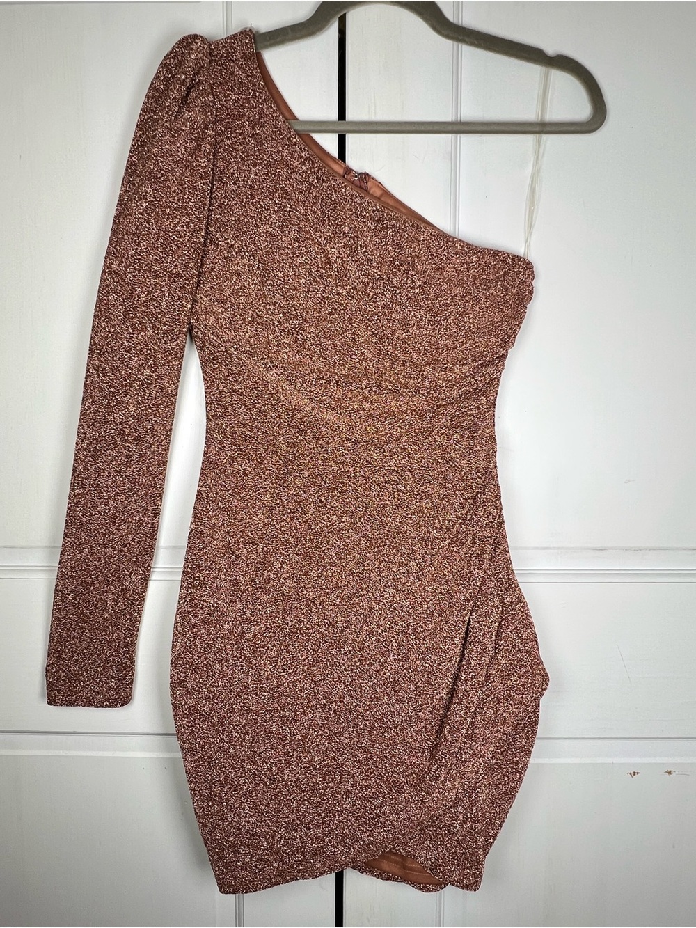 NWT Privvy Rose Gold Glitter One Shoulder Mini Dress Lined Stretchy Size Small - Picture 2 of 8